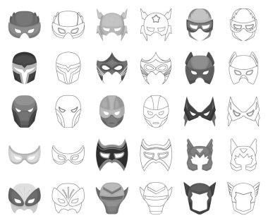 Karnaval maskesi siyah-beyaz set koleksiyonu tasarım için anahat simgeleri. Göz ve yüz vektör simge stok web illüstrasyon maske.