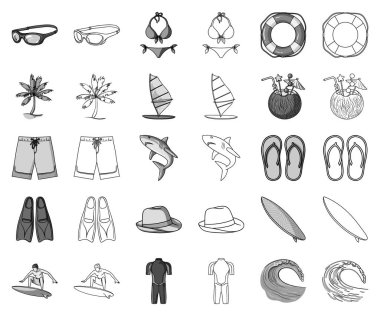 Sörf ve aşırı tek renkli, set koleksiyonu tasarım için anahat simgeleri. Sembol stok web illüstrasyon vektör sörfçü ve aksesuarları.