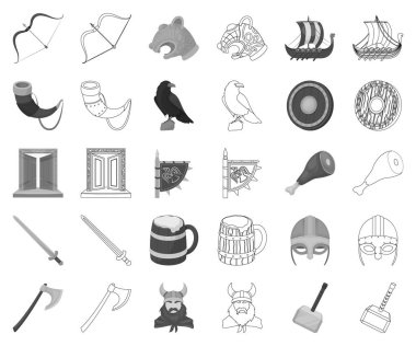 Vikingler ve öznitelikler tek renkli, set koleksiyonu tasarım için anahat simgeleri. Eski İskandinav savaşçı vektör simge stok web çizimi.