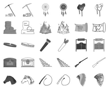 Öznitelikleri vahşi batı tek renkli, set koleksiyonu tasarım için anahat simgeleri. Texas ve Amerika sembol stok web illüstrasyon vektör.