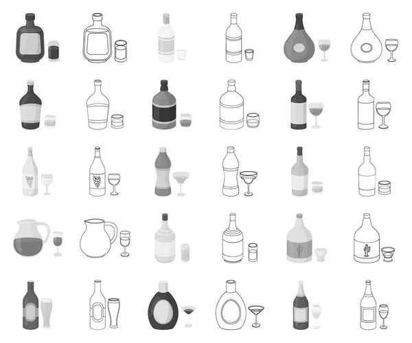 Typy alkohol černobíle, osnovy ikony v nastavení kolekce pro design. Alkohol v lahvích vektor symbol akcií web ilustrace. — Stockový vektor