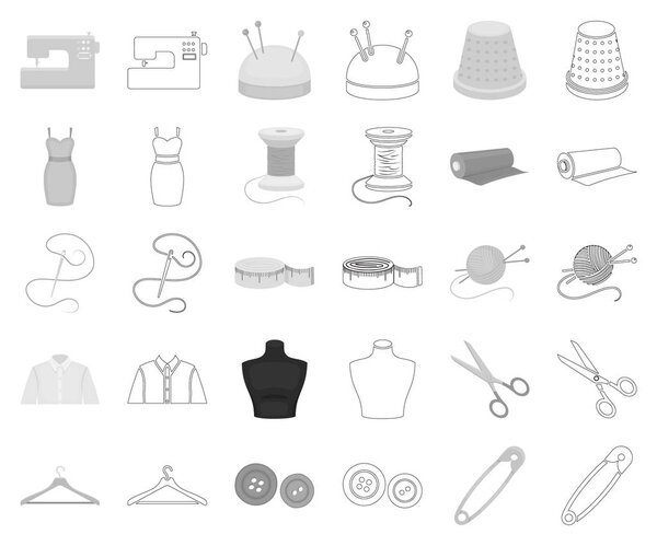 Atelier and sewing monochrome,outline icons in set collection for design. Equipment and tools for sewing vector symbol stock web illustration.
