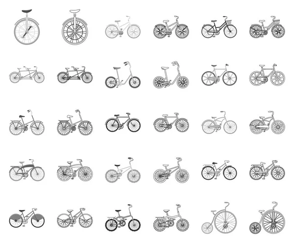 Varias bicicletas monocromáticas, esbozan iconos en la colección de conjuntos para el diseño. El tipo de vector de transporte símbolo stock web ilustración . — Archivo Imágenes Vectoriales