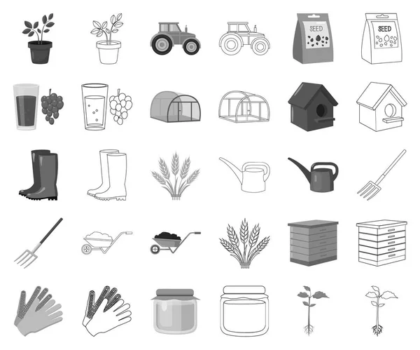 Granja y jardinería monocromo, esbozar iconos en la colección de conjuntos para el diseño. Granja y equipo vector símbolo stock web ilustración . — Vector de stock