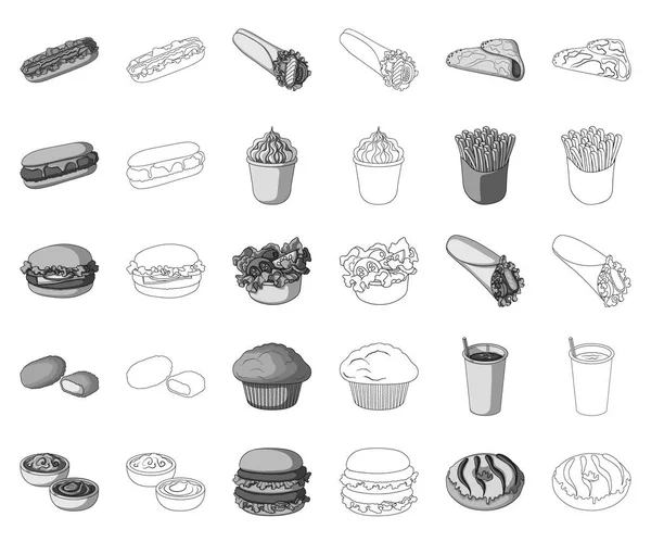 Fast food siyah-beyaz set koleksiyonu tasarım için anahat simgeleri. Yarı bitmiş ürünler gıdalardan sembol stok web illüstrasyon vektör. — Stok Vektör
