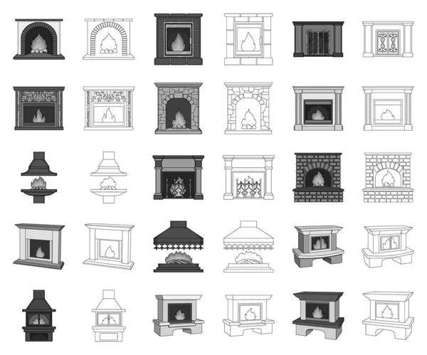 Различные виды каминов монохромный, контуры иконки в коллекции наборов для design.Fireplaces строительство векторных символов запаса веб-иллюстрация . — стоковый вектор