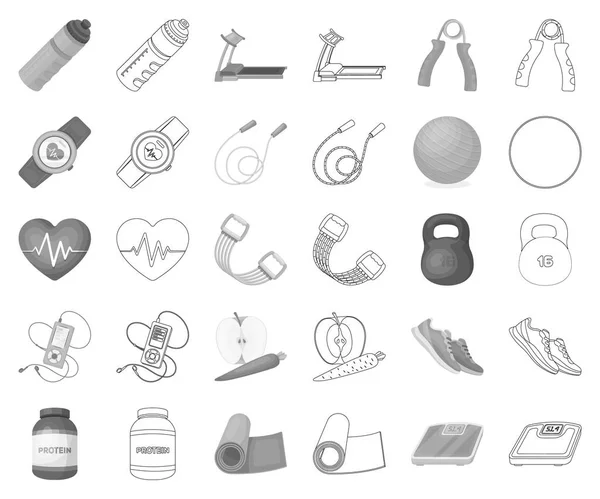 Gym and training monochrome,outline icons in set collection for design. Gym and equipment vector symbol stock web illustration. — Stock Vector