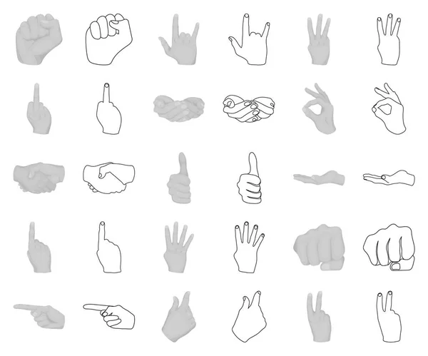 Geste à la main monochrome, icônes contour dans la collection ensemble pour le design. Palme et doigt vecteur symbole stock illustration web . — Image vectorielle