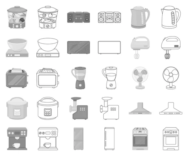 Soorten huishoudelijke apparaten monochroom, overzicht pictogrammen in set collectie voor design. Keuken apparatuur vectorillustratie symbool voorraad web. — Stockvector