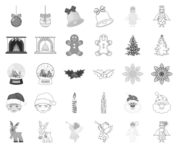 Рождественские атрибуты и аксессуары монохромные, наброски иконок в коллекции наборов для оформления. Весёлая веб-иллюстрация векторных символов Рождества . — стоковый вектор