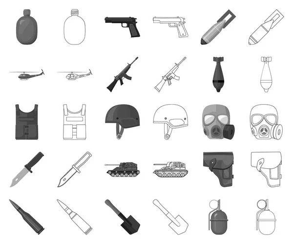 Army and armament monochrome,outline icons in set collection for design. Weapons and equipment vector symbol stock web illustration. — Stock Vector
