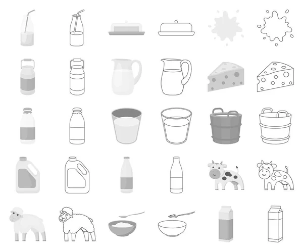 Latte prodotto monocromatico, contorno icone in collezione set per design.Milk e cibo vettoriale simbolo stock web illustrazione . — Vettoriale Stock