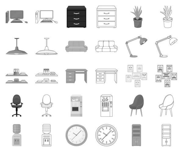 Intérieur du lieu de travail monochrome, les icônes de contour dans la collection ensemble pour le design. Mobilier de bureau symbole vectoriel stock illustration web . — Image vectorielle