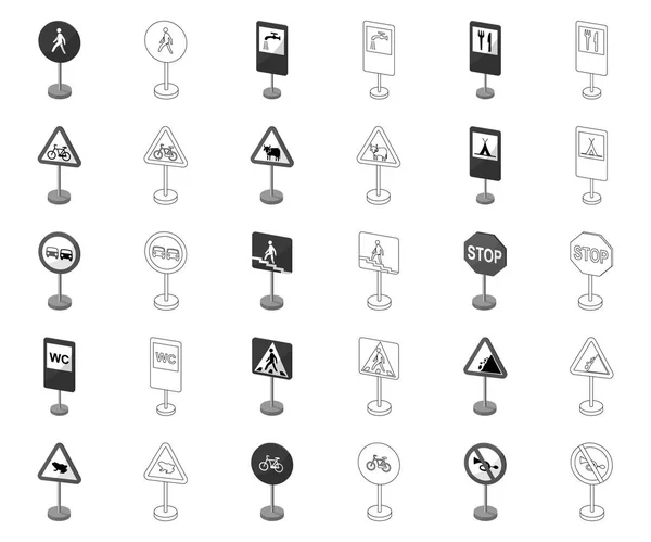 Verschiedene Arten von Verkehrsschildern monochrom, Umrisssymbole in Set-Kollektion für Design. Warn- und Verbotsschilder Vektor Symbol Stock Web Illustration. — Stockvektor