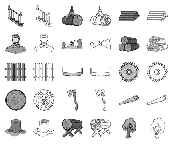 Sawmill and Timber monochrome,outline icons in set collection for design. Hardware and Tools vector symbol stock web illustration. — Stock Vector