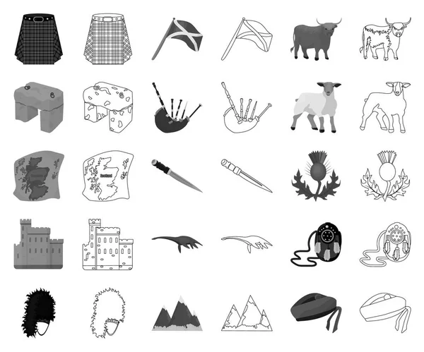 Land Schottland monochrom, umreißt Symbole in Set-Kollektion für Design. Sightseeing, Kultur und Tradition Vektor Symbol Stock Web Illustration. — Stockvektor