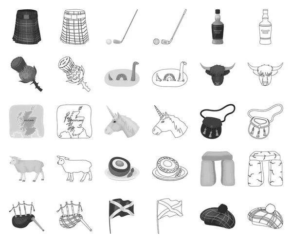 Ország Skócia fekete-fehér, vázlat ikonok beállítása gyűjtemény a design. Városnézés, kultúra és hagyomány vektor szimbólum állomány honlap illusztráció. — Stock Vector
