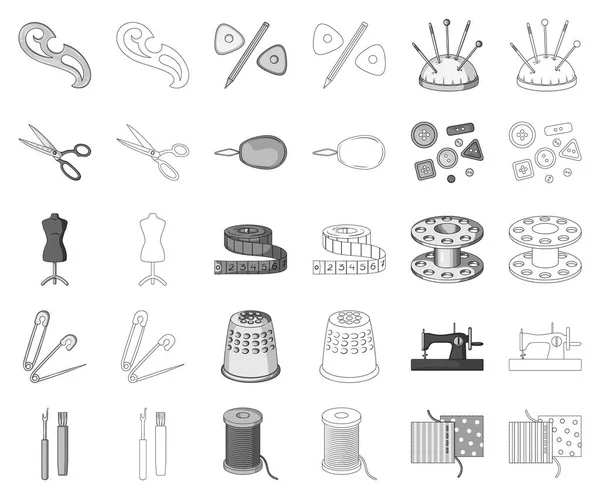 Nähen, atelier monochrom, umreißen symbole in set-kollektion für design. Werkzeugkasten Vektor Symbol Stock Web Illustration. — Stockvektor