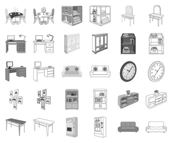 Meble i wnętrza monochromatyczne, ikony Konspekt w kolekcja zestaw do projektowania. Wyposażenie domu izometryczny symbol web czas ilustracja wektorowa. — Wektor stockowy