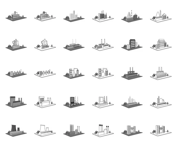 Fábrica y planta monocromática, esboza iconos en la colección de conjuntos para el diseño. Producción y empresa vector isométrico símbolo stock web ilustración . — Archivo Imágenes Vectoriales