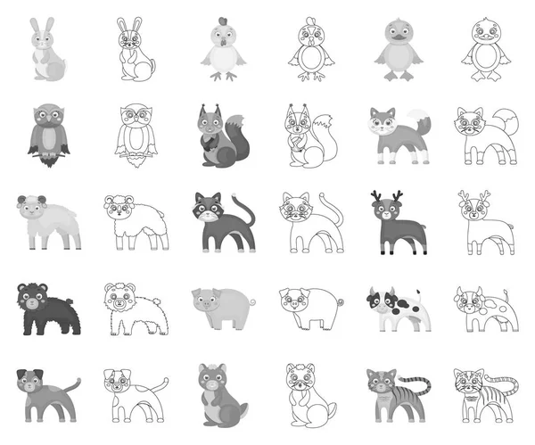 Игрушечные животные монохромные, наброски иконок в наборе коллекции для дизайна. Иллюстрация векторных символов птиц, хищников и травоядных животных . — стоковый вектор