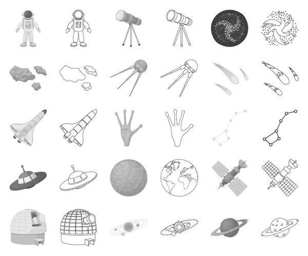 Tecnologia espacial monocromática, ícones de contorno na coleção de conjuntos para design.Spacecraft e equipamentos símbolo vetorial ilustração web estoque . — Vetor de Stock