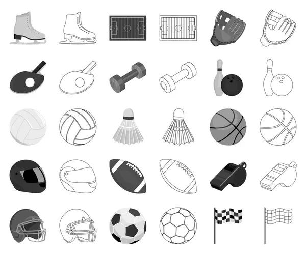 Différents types de sports monochromes, les icônes de contour dans la collection ensemble pour le design. Matériel de sport symbole vectoriel stock illustration web . — Image vectorielle