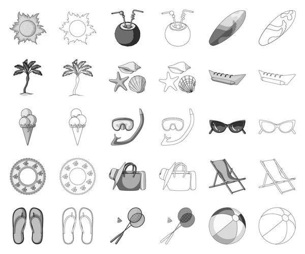 Repos d'été monochrome, icônes de contour dans la collection ensemble pour le design. Accessoire de plage symbole vectoriel stock web illustration . — Image vectorielle