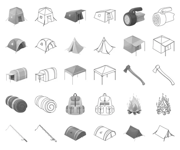 Verschiedene Arten von Zelten monochrom, umrissene Symbole in Set-Kollektion für Design. temporäre Unterkunft und Wohnungsvektor Symbolbild Web-Illustration. — Stockvektor