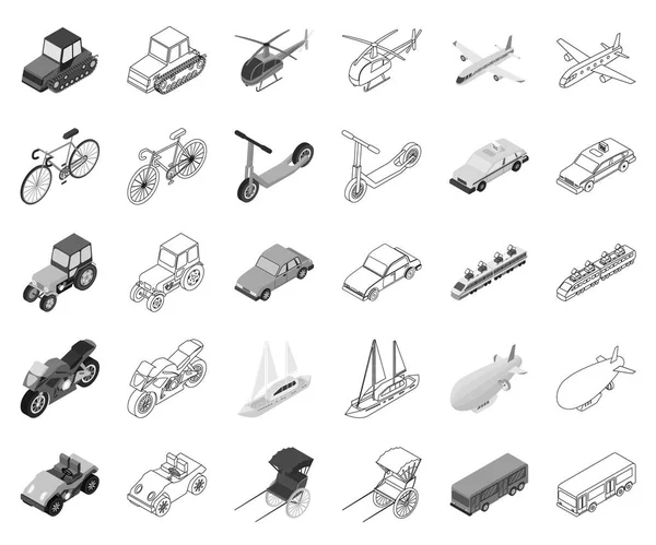 Verschiedene Arten von Transport monochrom, Umrisse Symbole in Set Sammlung für Design. Auto und Schiff isometrisches Vektor Symbol Stock Web Illustration. — Stockvektor