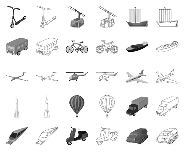 Různé typy dopravy černobíle, osnovy ikony v nastavení kolekce pro design. Auto a loď symbol akcií webové vektorové ilustrace. — Stockový vektor