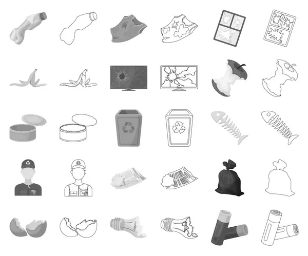 Lixo e resíduos monocromáticos, delinear ícones na coleção de conjuntos para design. Limpar lixo vetor símbolo web ilustração . —  Vetores de Stock