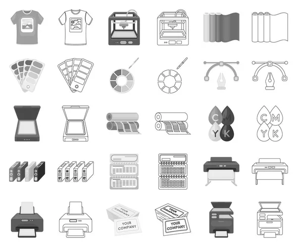 Typografische producten monochroom, overzicht pictogrammen in set collectie voor design. Afdrukken en apparatuur vector symbool voorraad web illustratie. — Stockvector