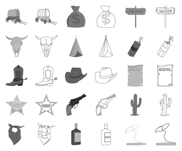 Atributos do oeste selvagem monocromático, ícones esboço na coleção de conjuntos para design.Texas e América símbolo vetorial web ilustração . —  Vetores de Stock