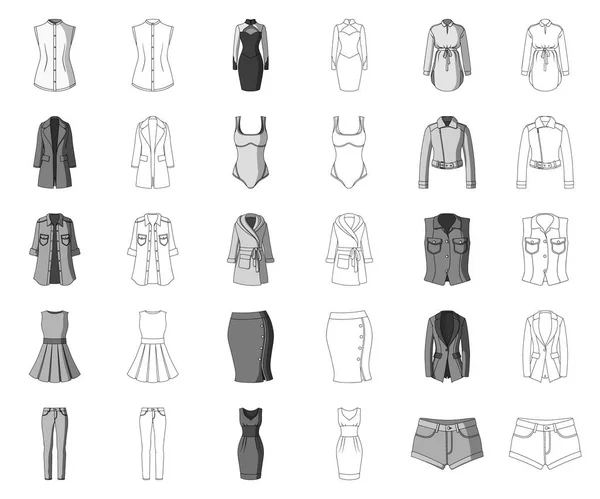 Siyah-beyaz giyim Bayan set koleksiyonu tasarım için simgeleri anahat. Sembol stok web illüstrasyon vektör giyim çeşitleri ve aksesuarlar. — Stok Vektör