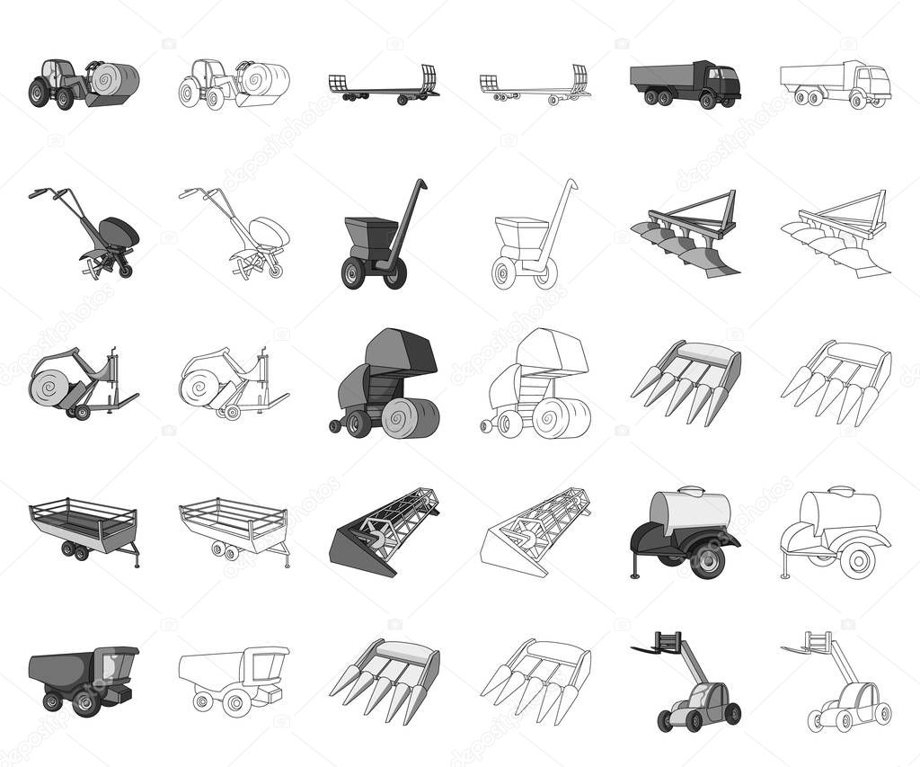 Agricultural machinery monochrome,outline icons in set collection for design. Equipment and device vector symbol stock  illustration.