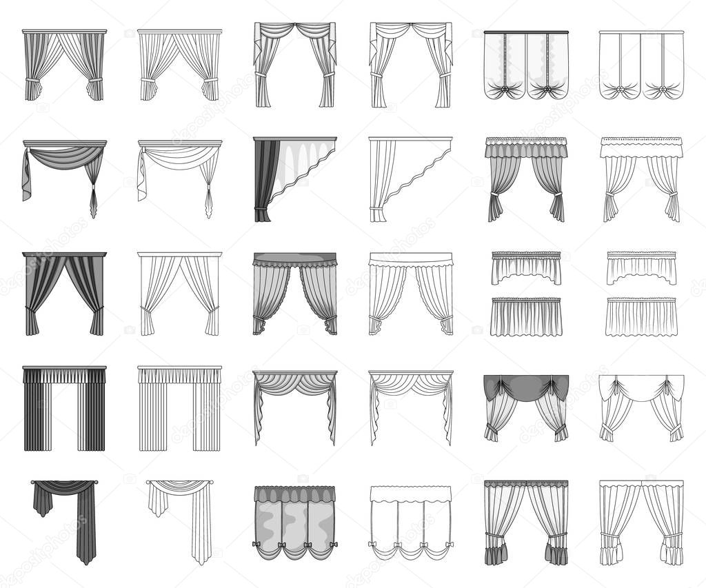 Different kinds of curtains monochrome,outline icons in set collection for design. Curtains and lambrequins vector symbol stock  illustration.