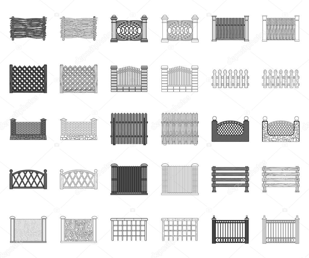 Different fence monochrome,outline icons in set collection for design.Decorative fencing vector symbol stock  illustration.