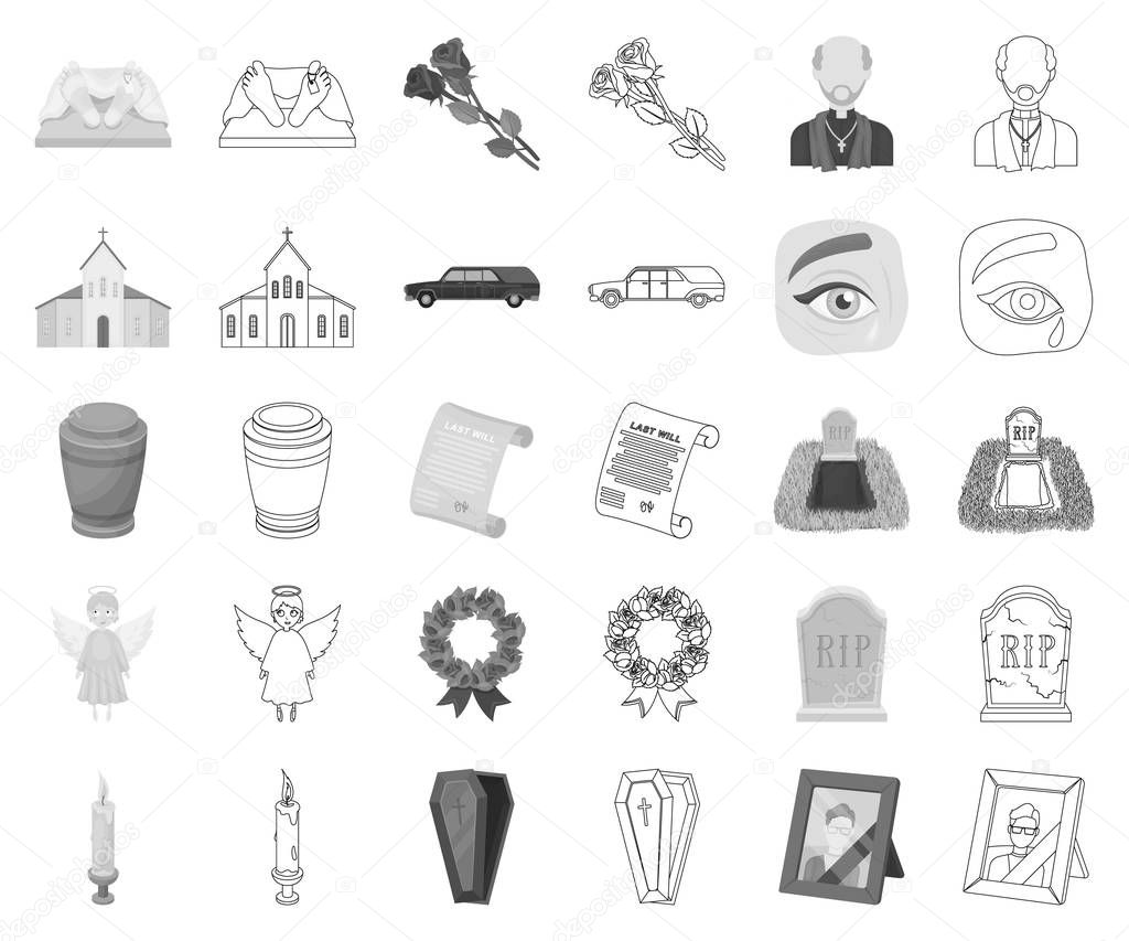 Funeral ceremony monochrome,outline icons in set collection for design. Funerals and Attributes vector symbol stock  illustration.
