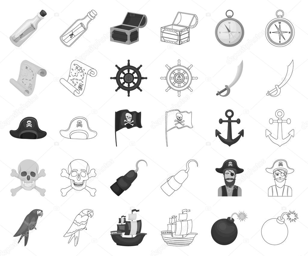 Pirate, sea robber monochrome,outline icons in set collection for design. Treasures, attributes vector symbol stock web illustration.