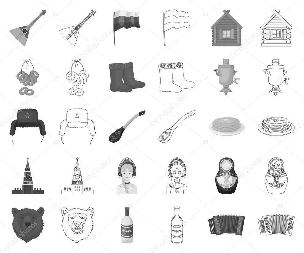 Country Russia, travel monochrome,outline icons in set collection for design. Attractions and features vector symbol stock web illustration.