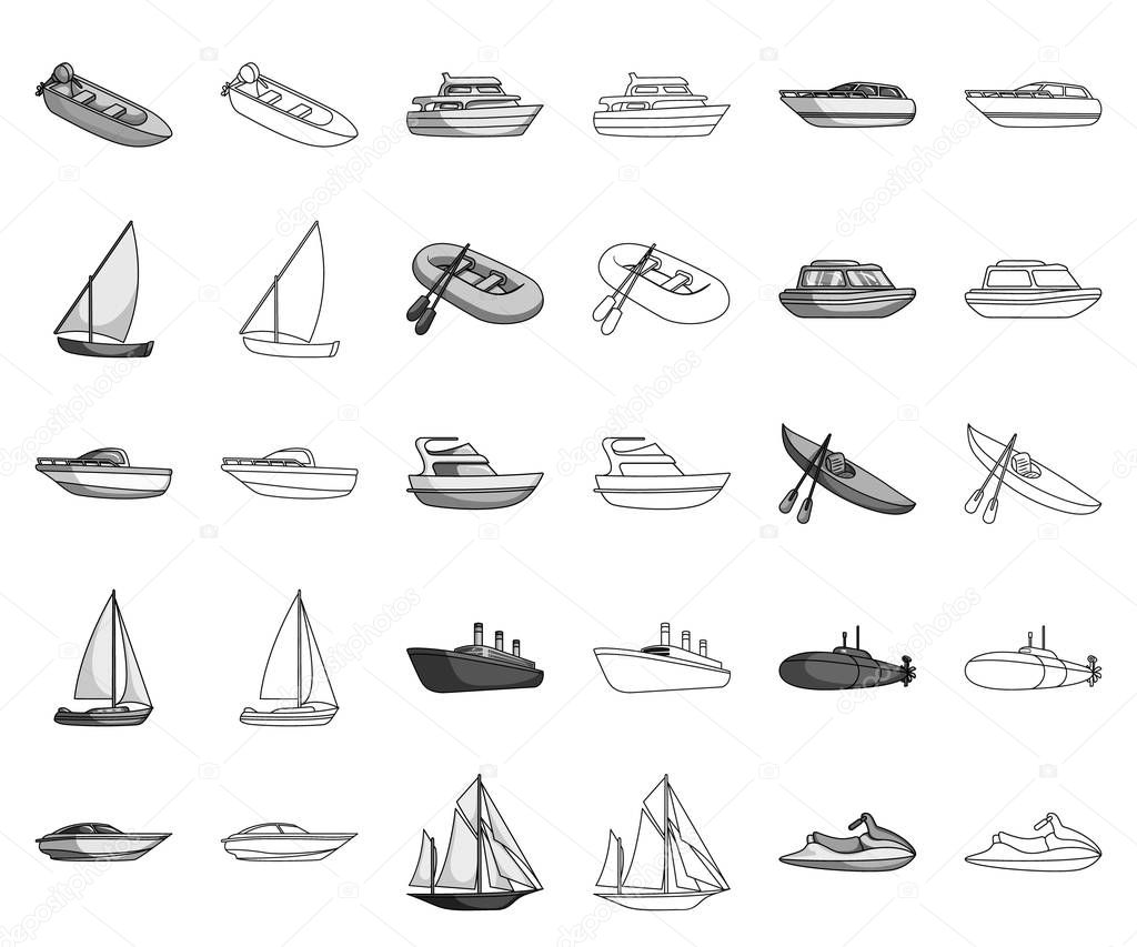 Water and sea transport monochrome,outline icons in set collection for design. A variety of boats and ships vector symbol stock web illustration.