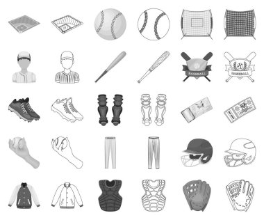 Beyzbol ve öznitelikler tek renkli, set koleksiyonu tasarım için anahat simgeleri. Sembol stok web illüstrasyon vektör beyzbol oyuncusu ve ekipman.
