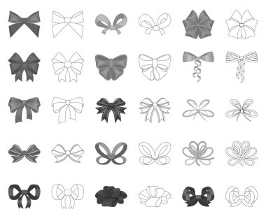 Çok renkli yay siyah-beyaz set koleksiyonu tasarım için anahat simgeleri. Dekorasyon vektör simge stok web çizim için yay.