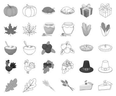 Kanada Şükran günü siyah-beyaz set koleksiyonu tasarım için anahat simgeleri. Kanada ve gelenek sembol stok web illüstrasyon vektör.