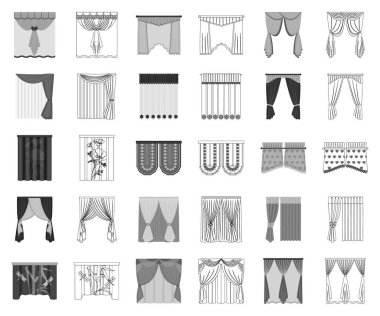 Farklı türde perde siyah-beyaz set koleksiyonu tasarım için anahat simgeleri. Perdeler ve Saçakların sembol stok web illüstrasyon vektör.