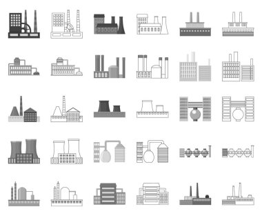 Fabrika ve tesisleri tek renkli, set koleksiyonu tasarım için anahat simgeleri. Sembol stok web illüstrasyon vektör fabrikası ve donanımları.