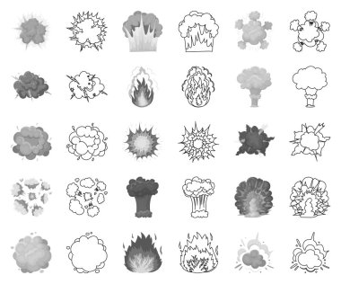 Farklı patlamalar siyah-beyaz set koleksiyonu tasarım için anahat simgeleri. Flash ve alev vektör simge stok web çizim.