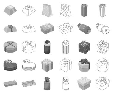 Hediye ve siyah-beyaz set koleksiyonu tasarım için anahat simgelerini ambalaj. Renkli ambalaj sembol stok web illüstrasyon vektör.