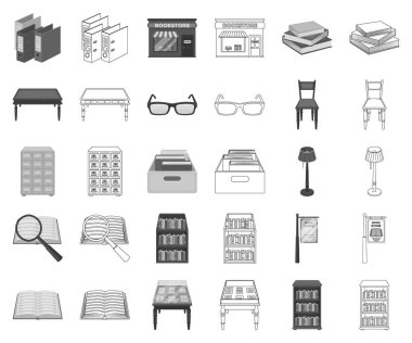 Kütüphane ve kitap tek renkli, set koleksiyonu tasarım için anahat simgeleri. Kitap ve mobilyalar sembol stok web illüstrasyon vektör.